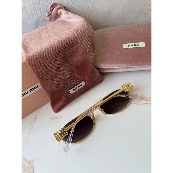 NEW Miu Miu MU54ZS Gold Grey Oval Metal Sunglasses main image 5